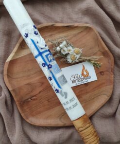 Taufkerze "Blumenranke verschnörkelt mit Taufsymbole" HOLZ