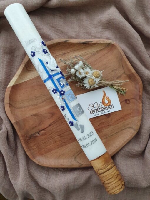 Taufkerze "Blumenranke verschnörkelt mit Taufsymbole" HOLZ