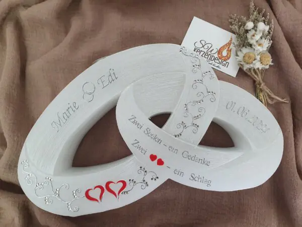 Hochzeitskerze Doppelringe "Ranken mit Strasssteinen und Herzen"