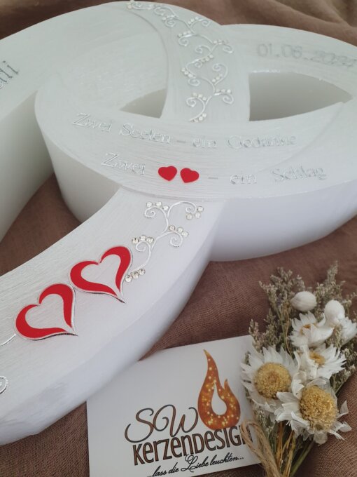 Hochzeitskerze Doppelringe "Ranken mit Strasssteinen und Herzen" – Bild 4