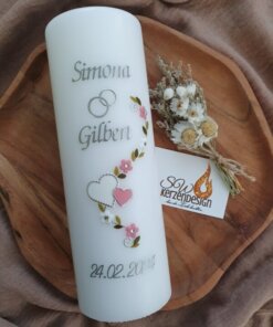 Hochzeitskerze "Herzen mit Blumenranke" 25x8cm