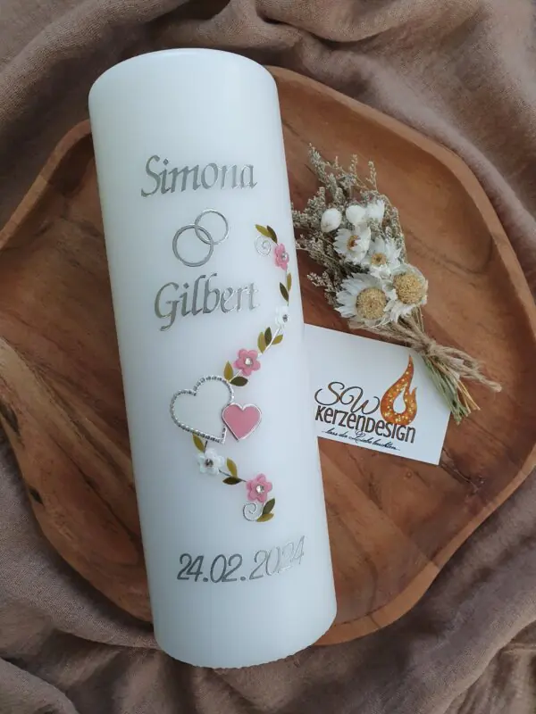 Hochzeitskerze "Herzen mit Blumenranke" 25x8cm
