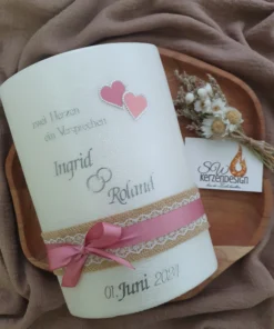 Hochzeitskerze "Doppelherzen perlmut" 21x15x8cm