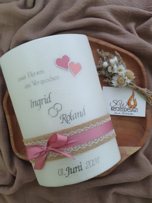 Hochzeitskerze "Doppelherzen perlmut" 21x15x8cm