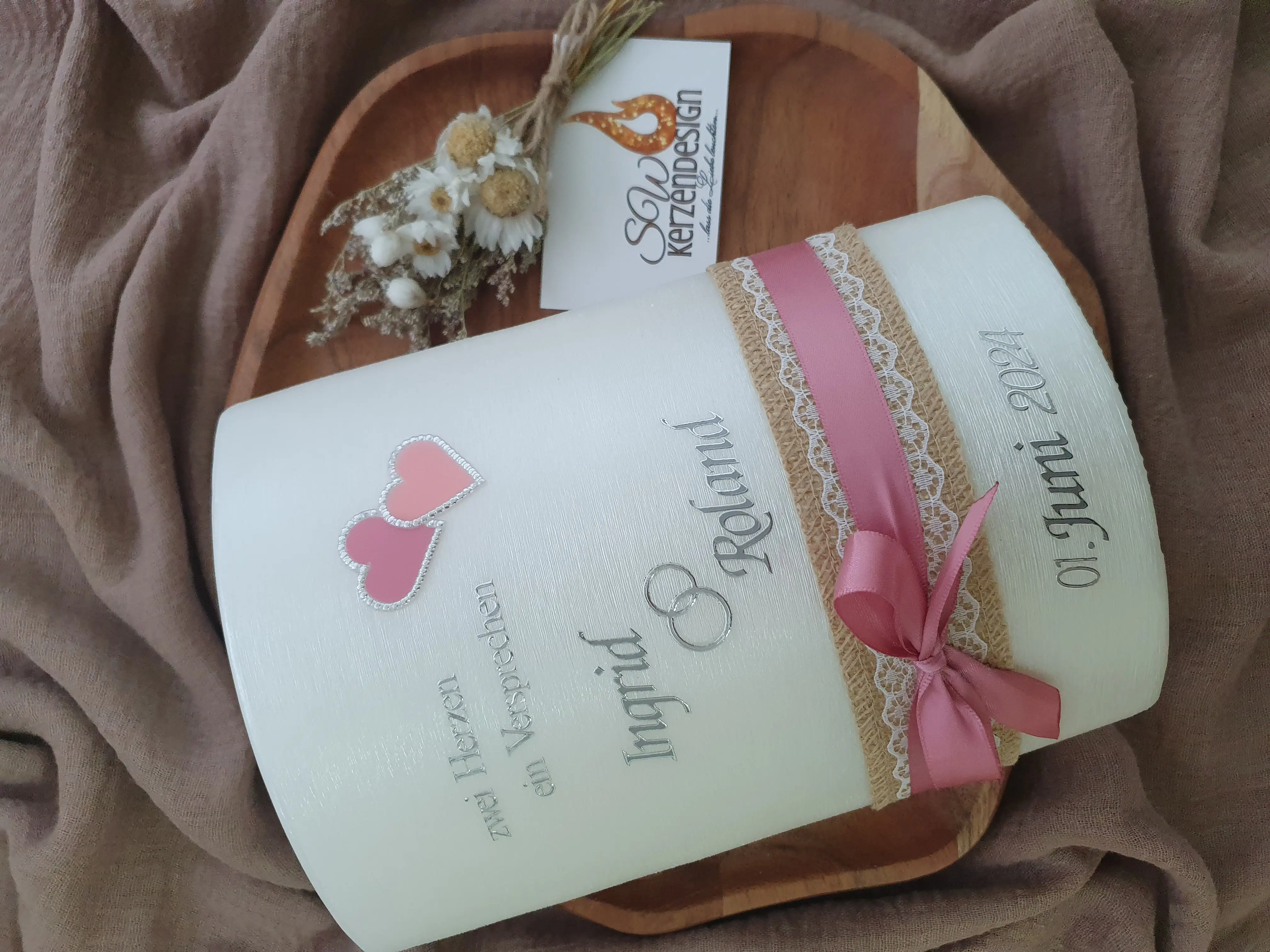 Hochzeitskerze "Doppelherzen perlmut" 21x15x8cm