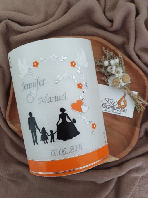 Hochzeitskerze "Blumenranke mit Silhouette" perlmut