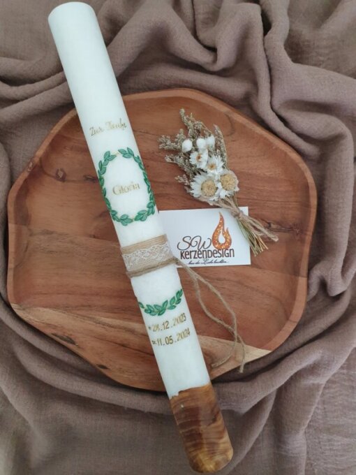 Taufkerze "Blätterkranz elegant" HOLZ