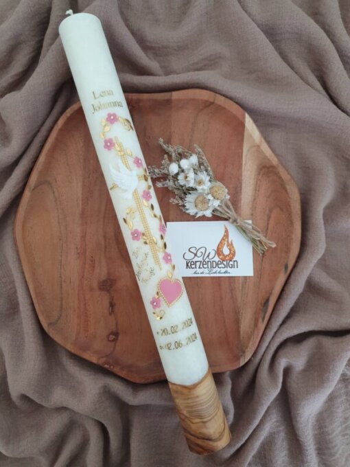 Taufkerze "Blumenranke mit Herz" HOLZ