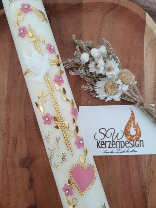 Taufkerze "Blumenranke mit Herz" HOLZ – Bild 3