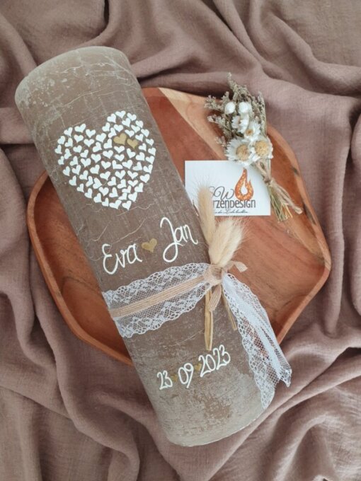 Hochzeitskerze rustik "Herzen im Herz"