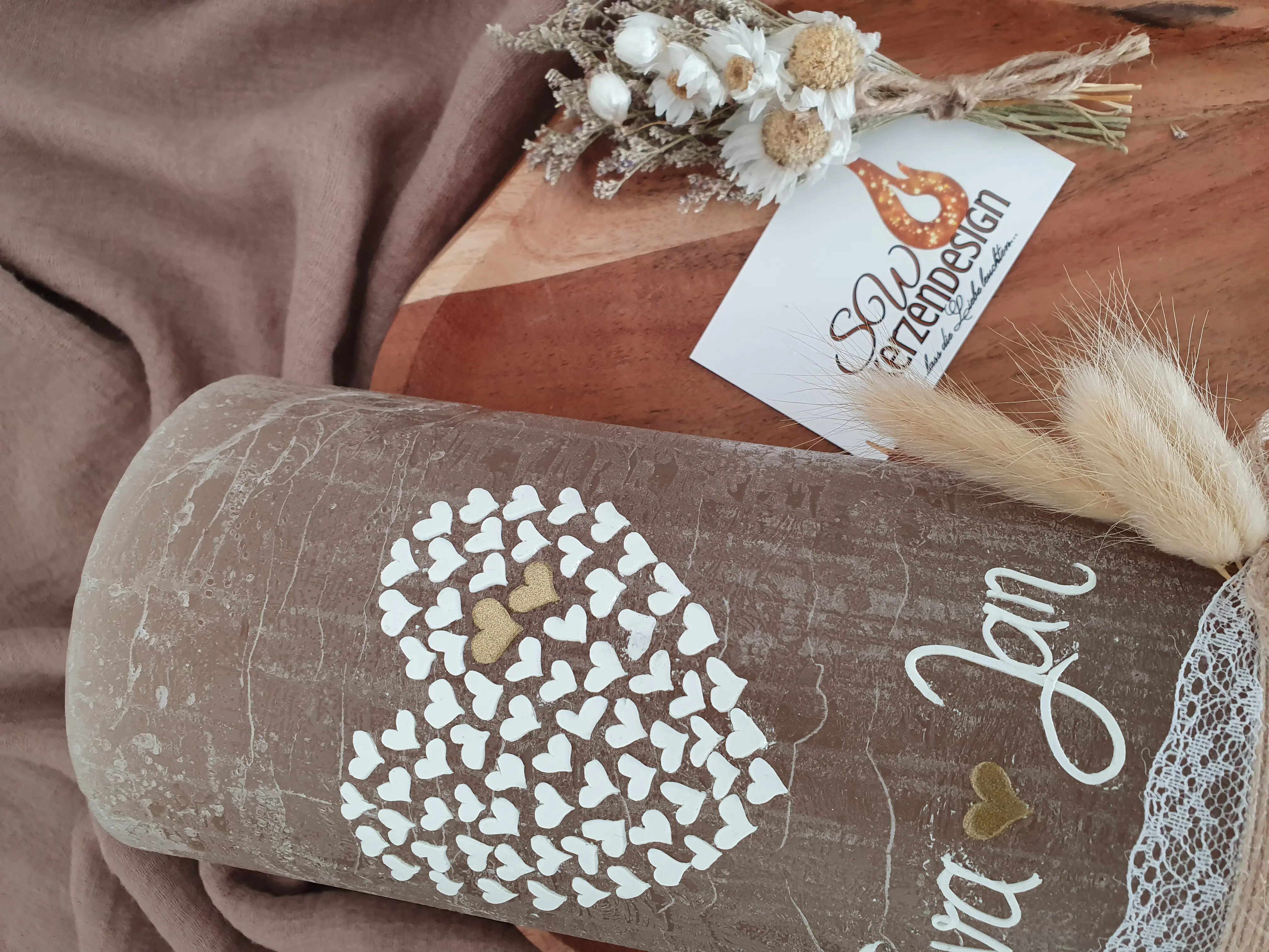 Alternative view of Hochzeitskerze rustik "Herzen im Herz"