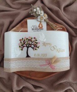 Hochzeitskerze "Welle perlmut Lebensbaum mit Blumen" 26x15x4,5cm