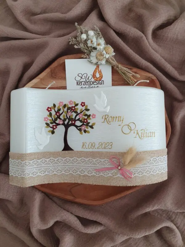 Hochzeitskerze "Welle perlmut Lebensbaum mit Blumen" 26x15x4,5cm