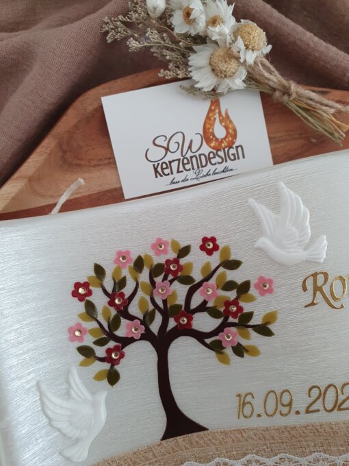 Hochzeitskerze "Welle perlmut Lebensbaum mit Blumen" 26x15x4,5cm – Bild 2