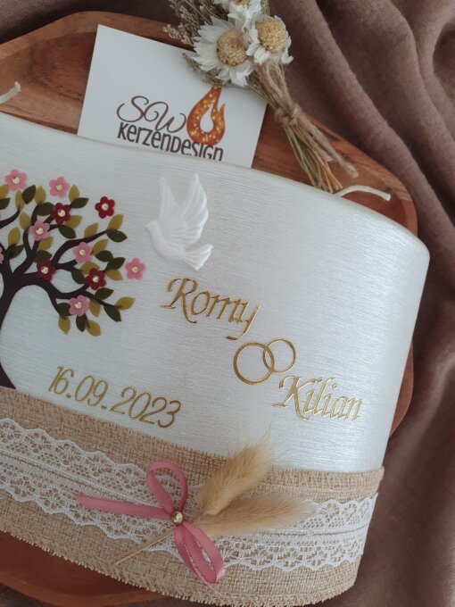 Hochzeitskerze "Welle perlmut Lebensbaum mit Blumen" 26x15x4,5cm – Bild 3