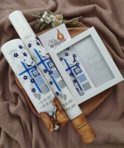 3er-Set Taufe HOLZ "Blumenranke verschnörkelt mit Taufsymbole"