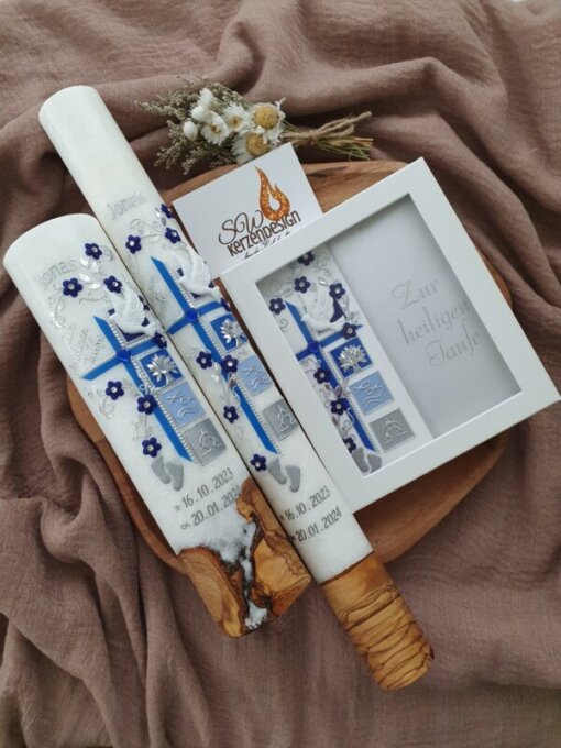 3er-Set Taufe HOLZ "Blumenranke verschnörkelt mit Taufsymbole"
