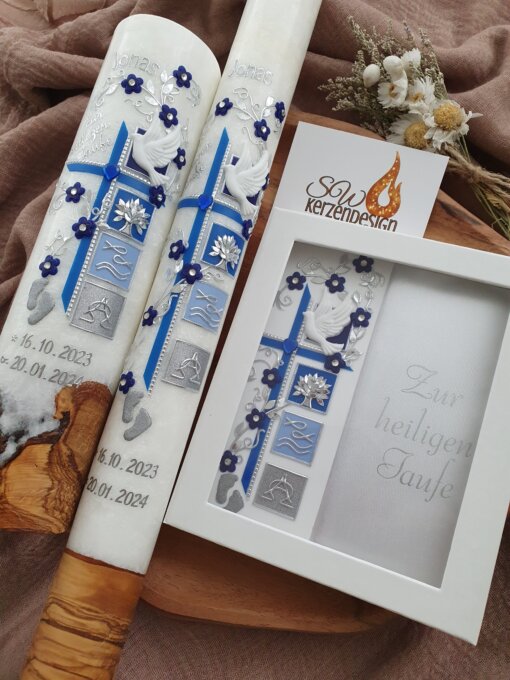 3er-Set Taufe HOLZ "Blumenranke verschnörkelt mit Taufsymbole" – Bild 2