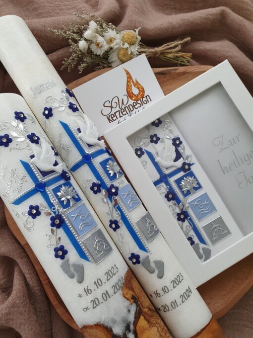 3er-Set Taufe HOLZ "Blumenranke verschnörkelt mit Taufsymbole" – Bild 3