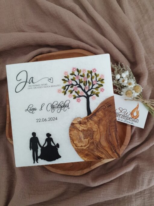 Hochzeitskerze Holz "Lebensbaum mit Silhouette"