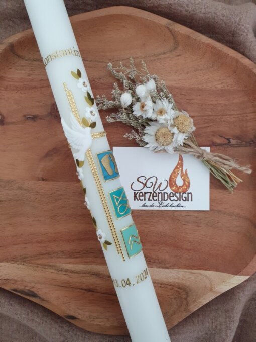 Taufkerze "Blumenranke elegant mit Taufsymbole"