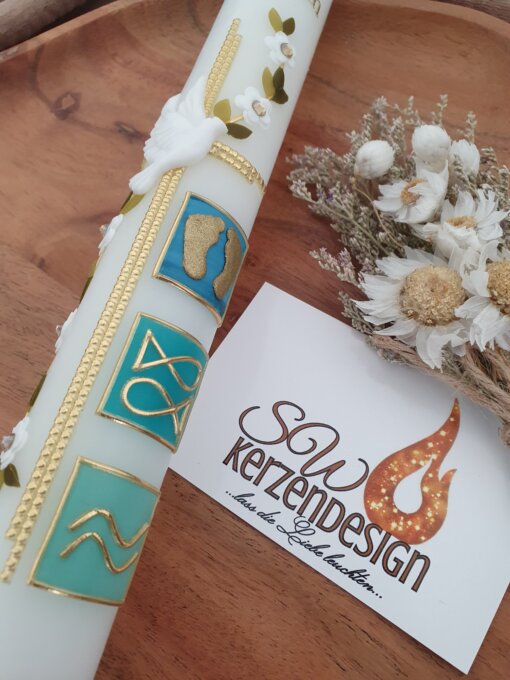 Taufkerze "Blumenranke elegant mit Taufsymbole" – Bild 2