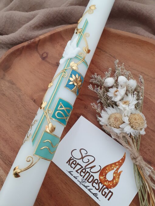 Taufkerze "Blätterranke elegant mit Taufsymbole" – Bild 2
