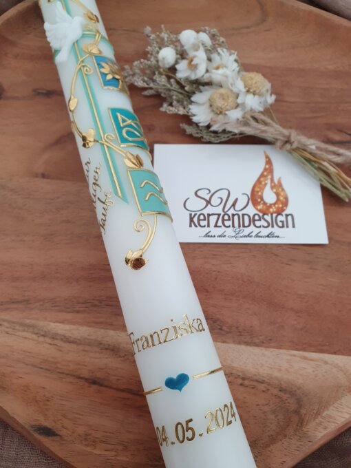 Taufkerze "Blätterranke elegant mit Taufsymbole" – Bild 3