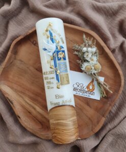 Tischkerze "Blätterranke mit Taufsymbole" HOLZ