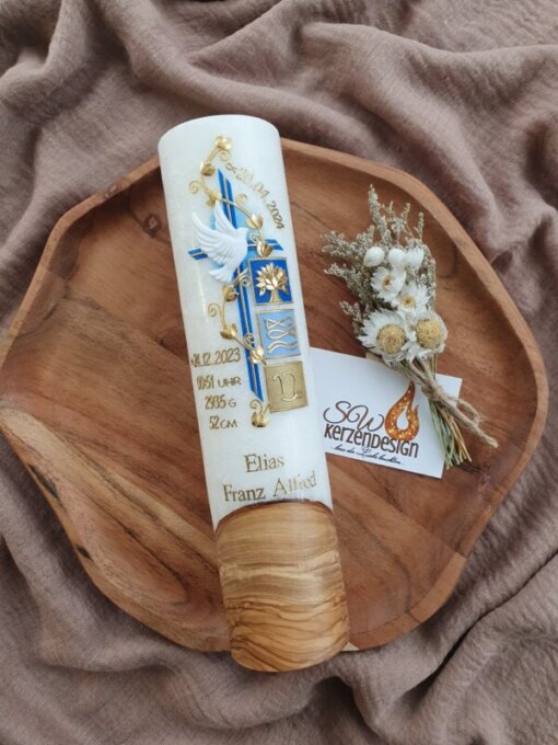 Tischkerze "Blätterranke mit Taufsymbole" HOLZ