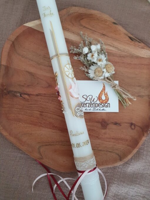 Taufkerze "Rose mit Taufsymbole"