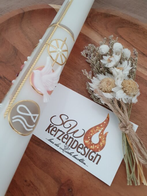 Taufkerze "Rose mit Taufsymbole" – Bild 2