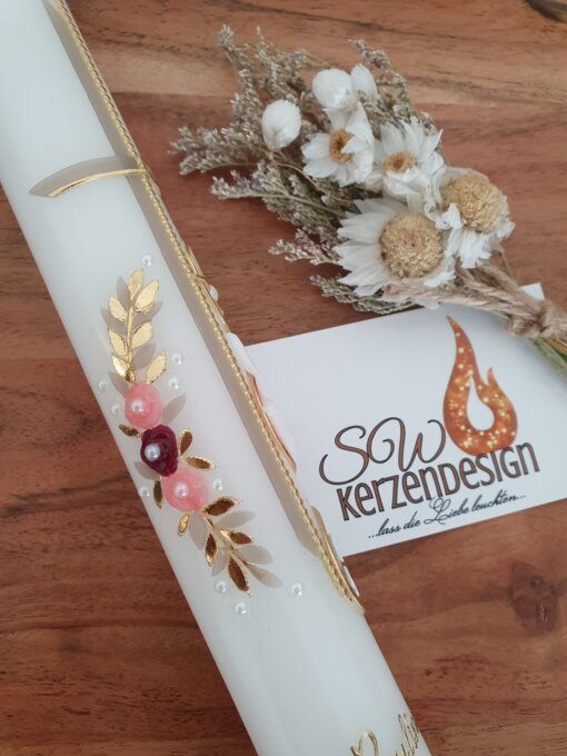 Taufkerze "Rose mit Taufsymbole" – Bild 3