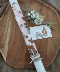 Taufkerze "Blumenranke mit Taufsymbole und Rehlein"