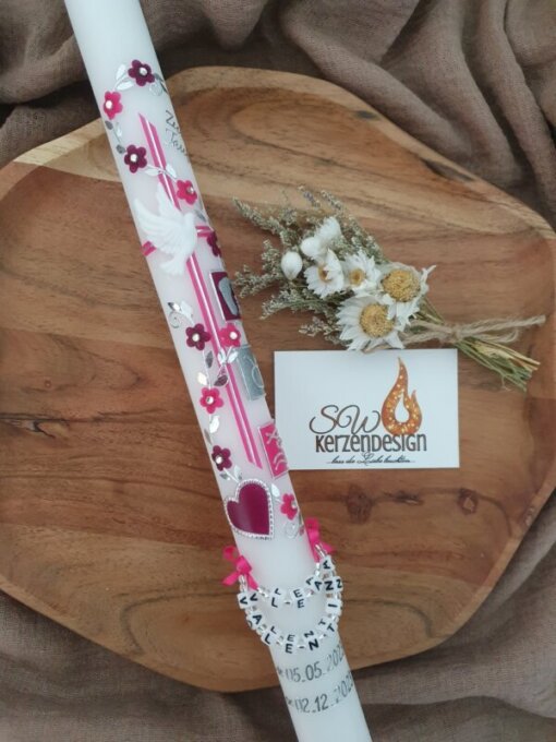 Taufkerze "Blumenranke verschnörkelt mit Taufsymbole"